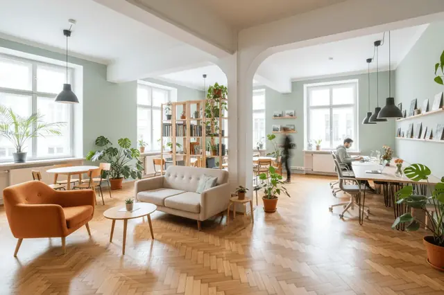 Heller Altbauraum der Denkfabrik in München mit Sofa, Sessel und Arbeitsplätzen