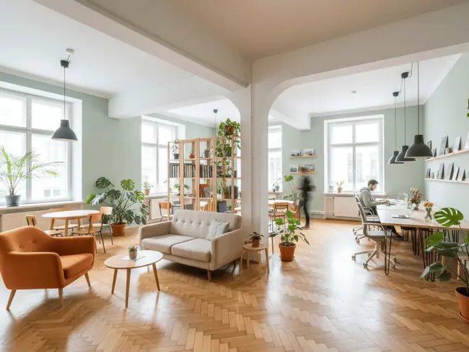 Heller Altbauraum der Denkfabrik in der Adalbertstraße 56 in München
