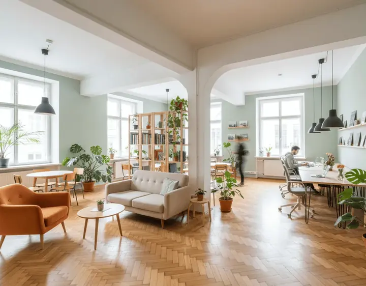 Offener Altbauraum der Denkfabrik in München mit Lounge und Arbeitsplätzen